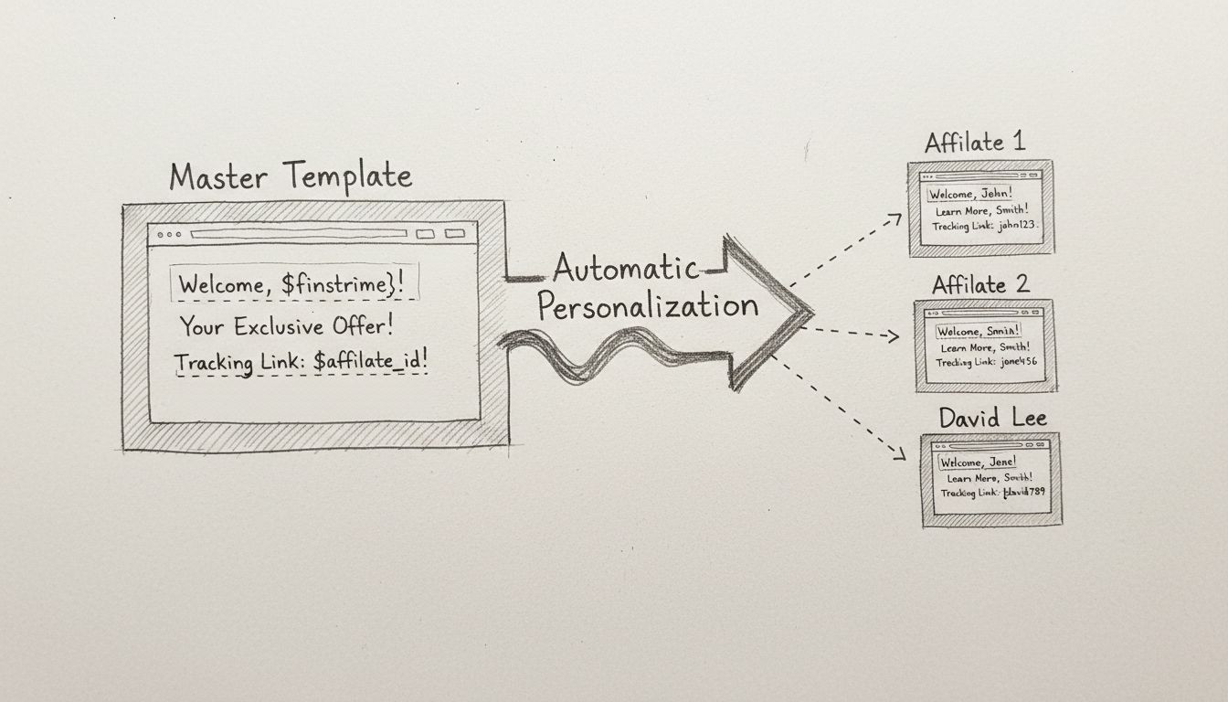 Diagram workflow replikácie stránok znázorňujúci, ako hlavná šablóna automaticky vytvára personalizované stránky partnerov s unikátnymi sledovacími odkazmi a premennými