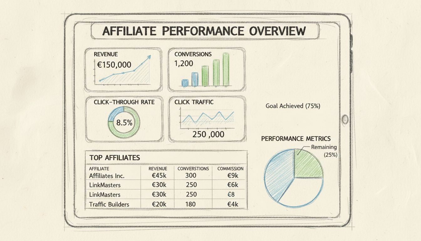 Affiliate tracking dashboard showing key performance metrics including conversion rates, revenue by affiliate, click traffic, and KPIs