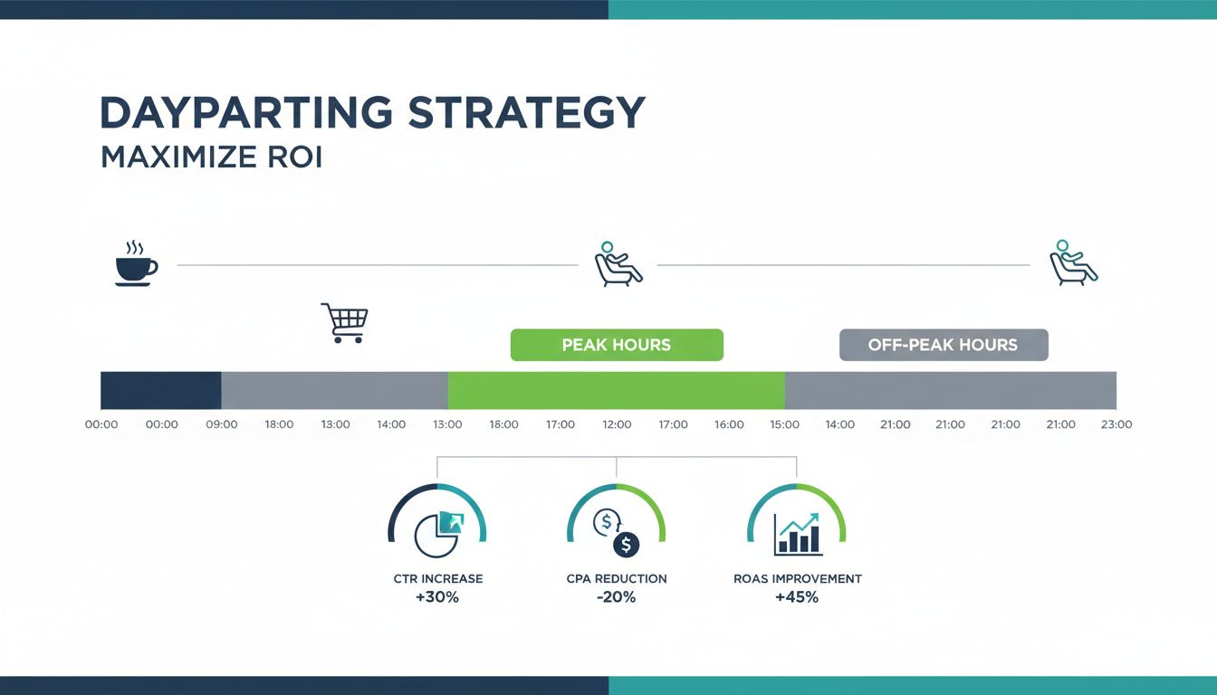 Infografika stratégie daypartingu ukazujúca 24-hodinovú časovú os so špičkovými a slabými hodinami, výkonnostné metriky vrátane zvýšenia CTR, zníženia CPA a zlepšenia ROAS