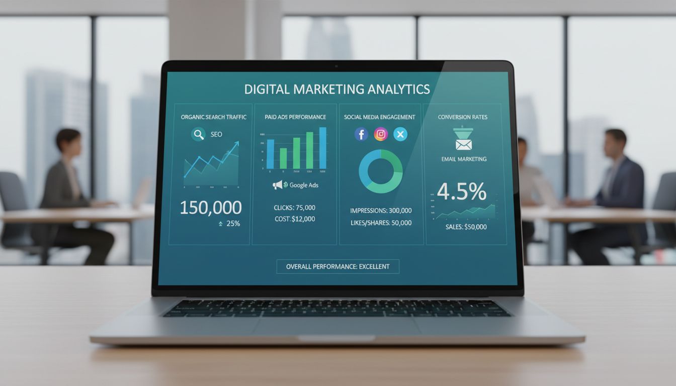 Digitálny marketingový dashboard zobrazujúci analytiku návštevnosti webu s grafmi a metrikami pre SEO, platené reklamy, sociálne siete a výkonnosť email marketingu