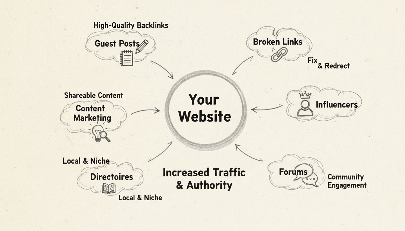 Ručne kreslená schéma stratégie získavania spätných odkazov: centrálna stránka prepojená s viacerými zdrojmi odkazov vrátane hosťovských článkov, content marketingu, katalógov, fór a influencerov