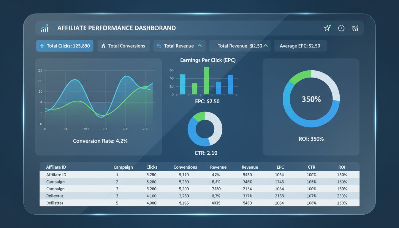 Affiliate dashboard metrík výkonnosti zobrazujúci miery konverzie, EPC, CTR a ROI analytiku