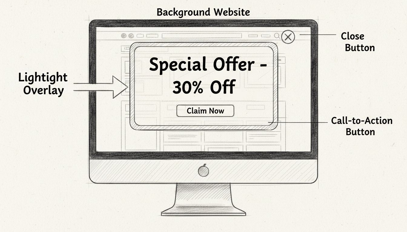 Ručne kreslená schéma zobrazujúca štruktúru lightbox banneru s prekrytím, tlačidlom výzvy k akcii, tlačidlom zatvoriť a prvkami pozadia webovej stránky