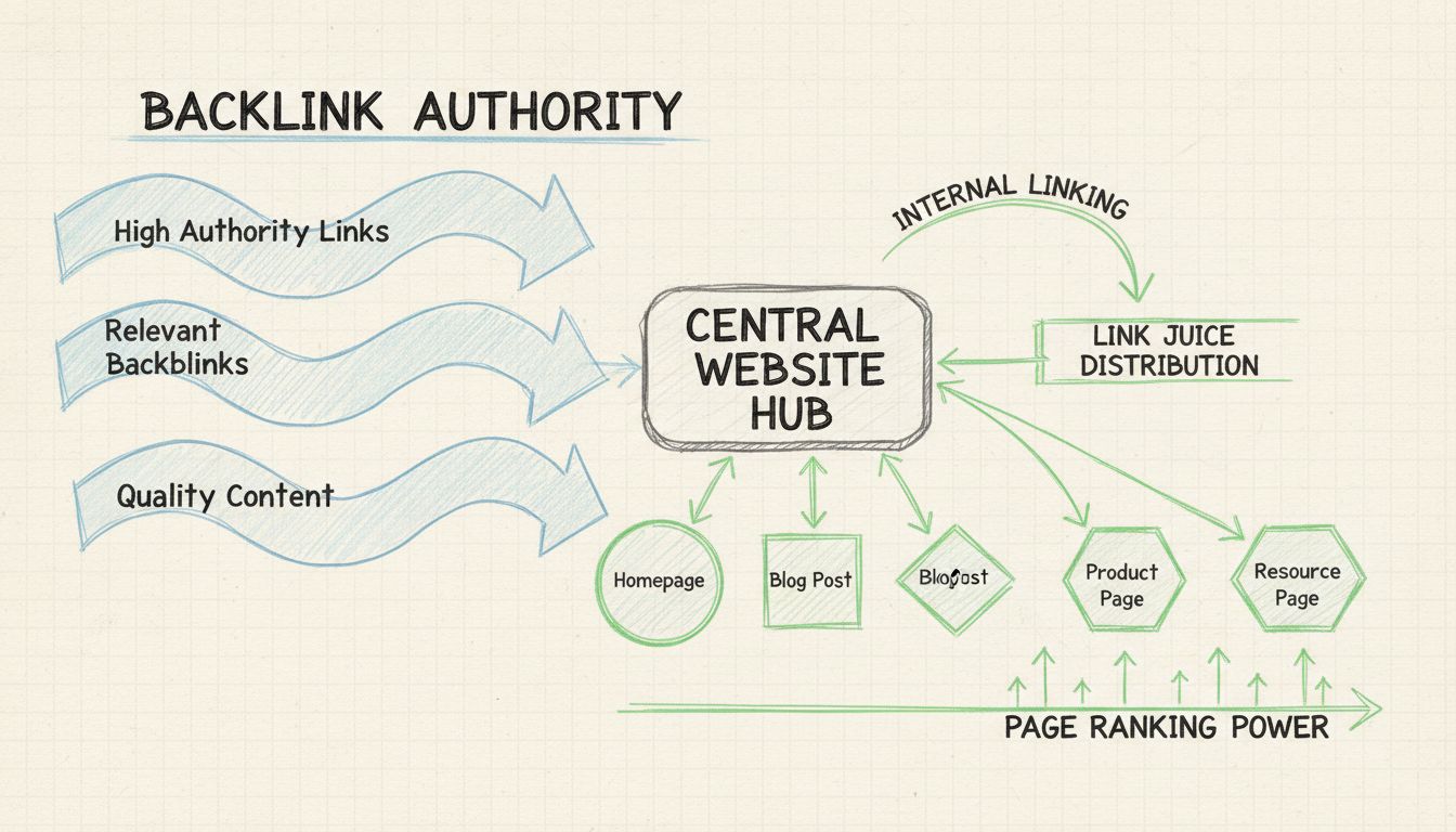 Diagram distribúcie link juice zobrazujúci, ako autorita prechádza zo spätných odkazov cez internú štruktúru prelinkovania na rôzne stránky