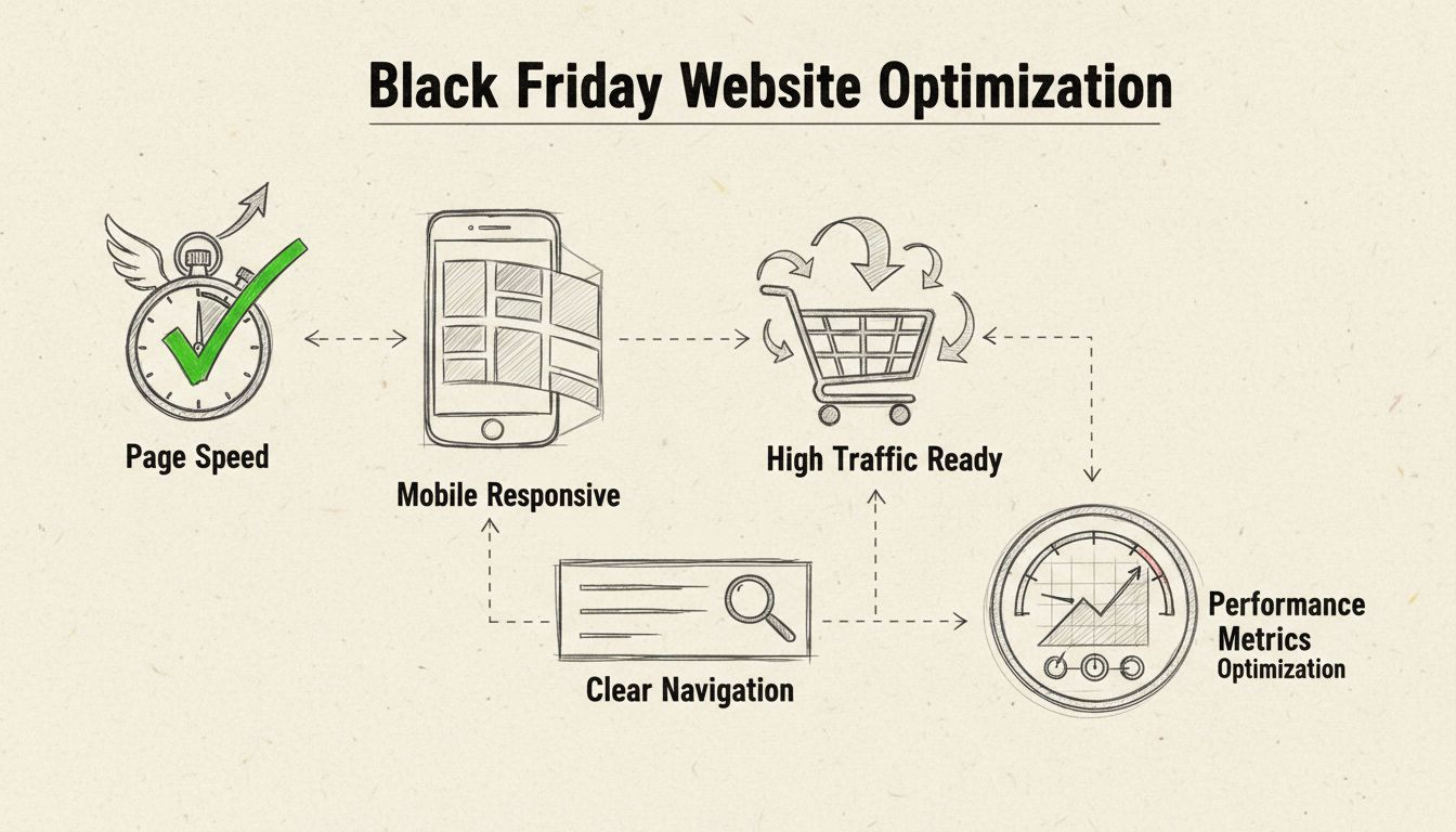 Diagram optimalizácie webu znázorňujúci rýchlosť stránky, mobilnú responzivitu, prehľadnú navigáciu a pripravenosť na vysokú návštevnosť počas Black Friday