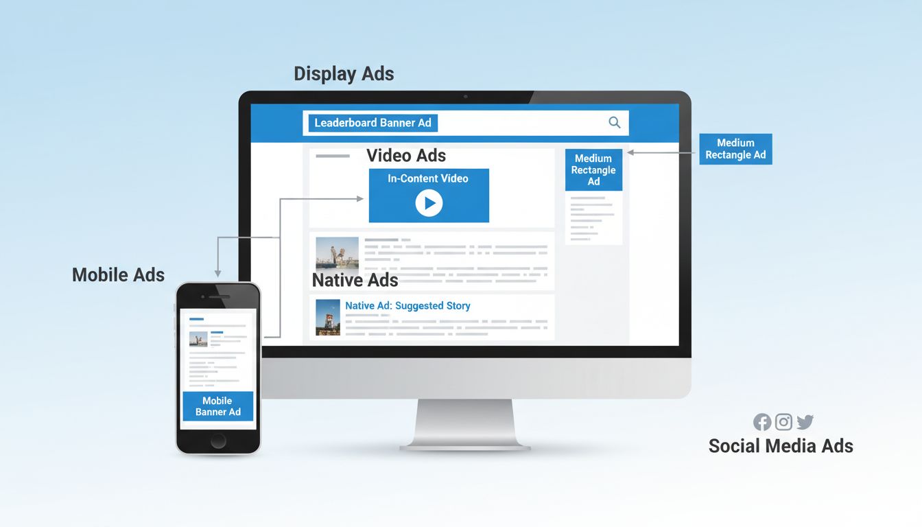 Diagram typov umiestnenia reklamy v digitálnom marketingu zobrazujúci rôzne formáty reklám na webe a mobilných zariadeniach