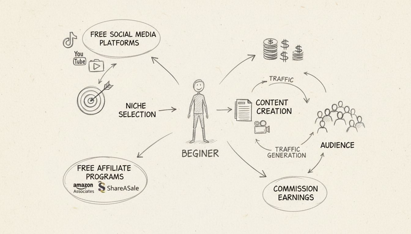 Krok za krokom proces začatia affiliate marketingu bez peňazí zobrazujúci bezplatné platformy, výber témy, affiliate programy, tvorbu obsahu, generovanie návštevnosti a zarábanie provízií