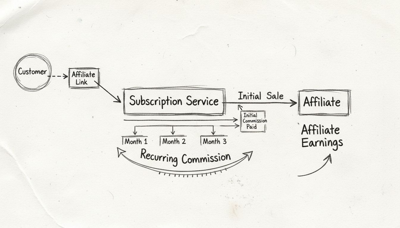 Diagram toku opakujúcej sa provízie ukazujúci počiatočný predaj a mesačné opakujúce sa platby partnerovi