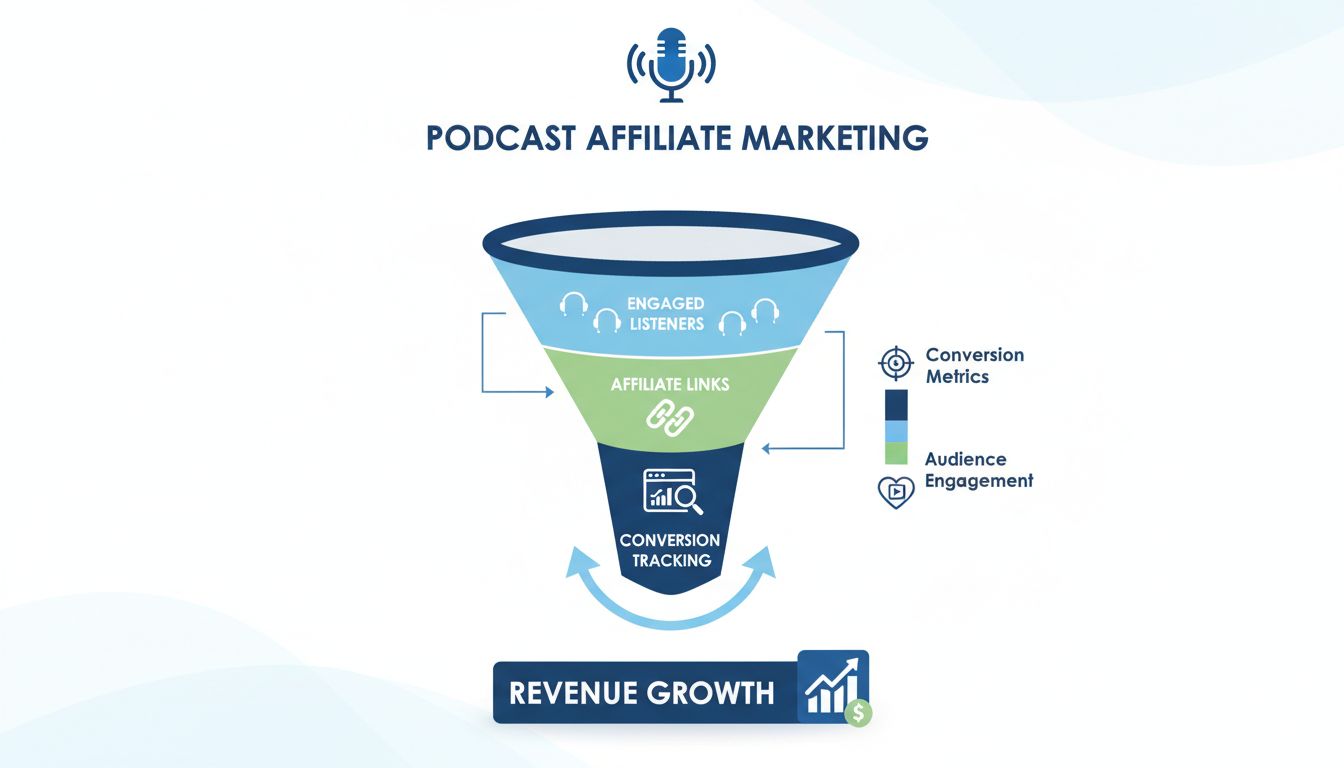 Infografika výhod podcastového affiliate marketingu zobrazujúca konverzný lievik a mieru angažovanosti