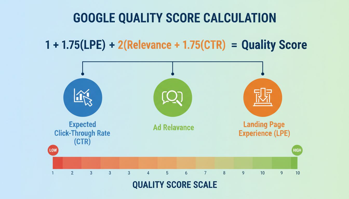 Infografika vzorca výpočtu Google Quality Score zobrazujúca tri komponenty a škálu 1-10
