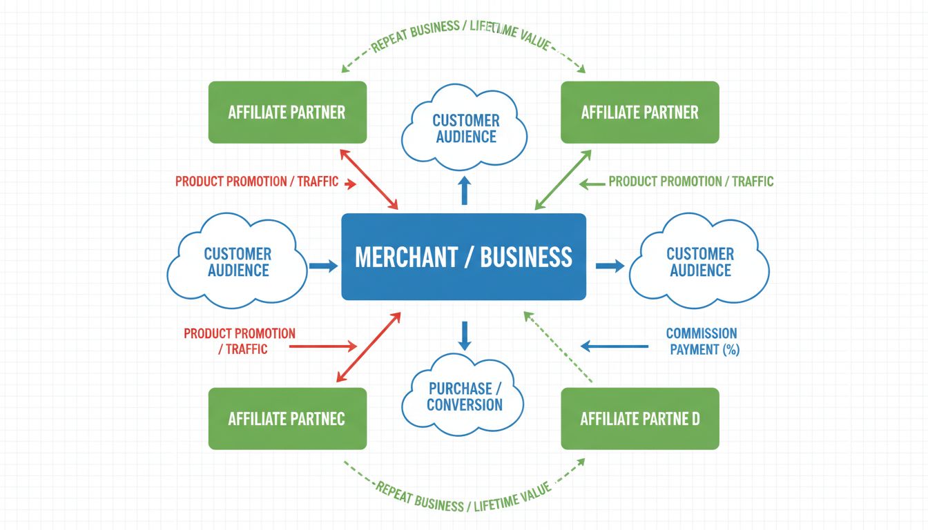 Diagram zobrazujúci workflow affiliate marketingu a štruktúru provízií s obchodníkom v strede, viacerými affiliate partnermi, tokom propagácie produktov, nákupmi zákazníkov a vyplácaním provízií