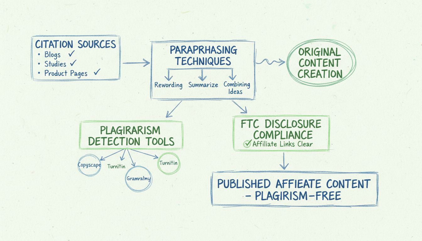 Diagram workflowu prevencie plagiátorstva zobrazujúci zdroje citácií, techniky parafrázovania, nástroje na detekciu plagiátorstva a kroky pre splnenie požiadaviek FTC