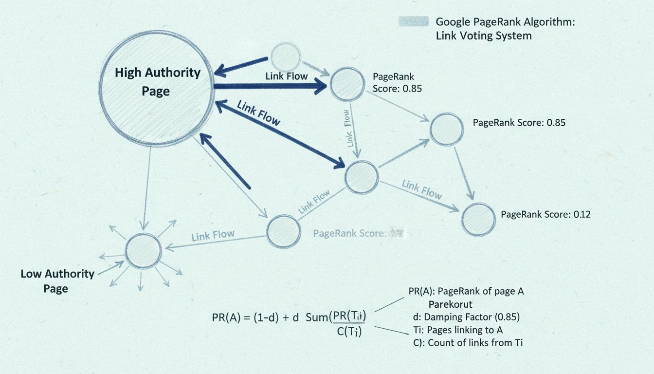 Vizualizácia algoritmu PageRank zobrazujúca sieť prepojených stránok s tokom odkazov a rozdelením autority