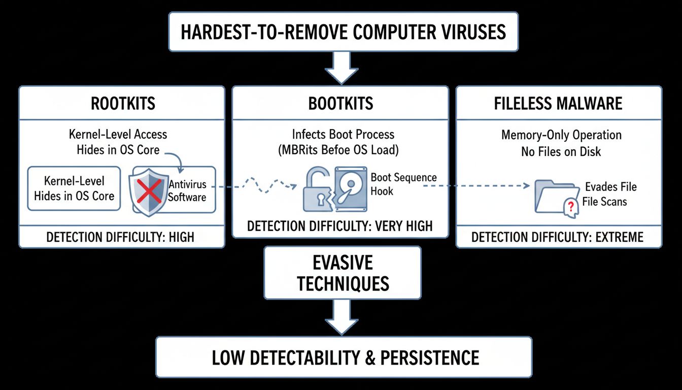 Technická schéma znázorňujúca charakteristiky a úroveň detekčnej náročnosti rootkitov, bootkitov a fileless malware