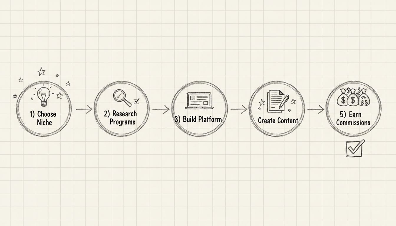 Začiatočnícka affiliate cesta – diagram zobrazujúci 5 krokov: Vyberte si niche, Preskúmajte programy, Vybudujte platformu, Vytvorte obsah, Zarábajte provízie