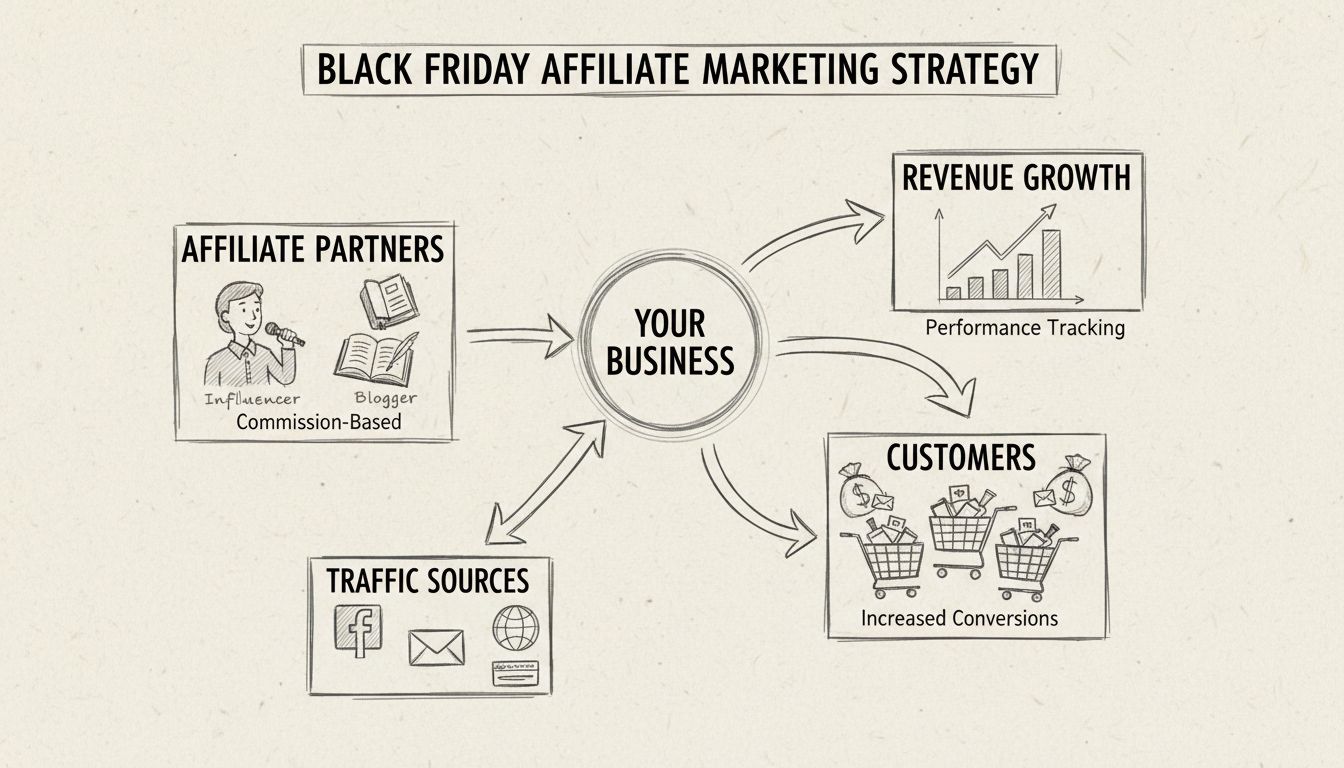Hand-drawn diagram showing affiliate marketing strategy for Black Friday sales with business hub connected to affiliate partners, traffic sources, customers, and revenue growth