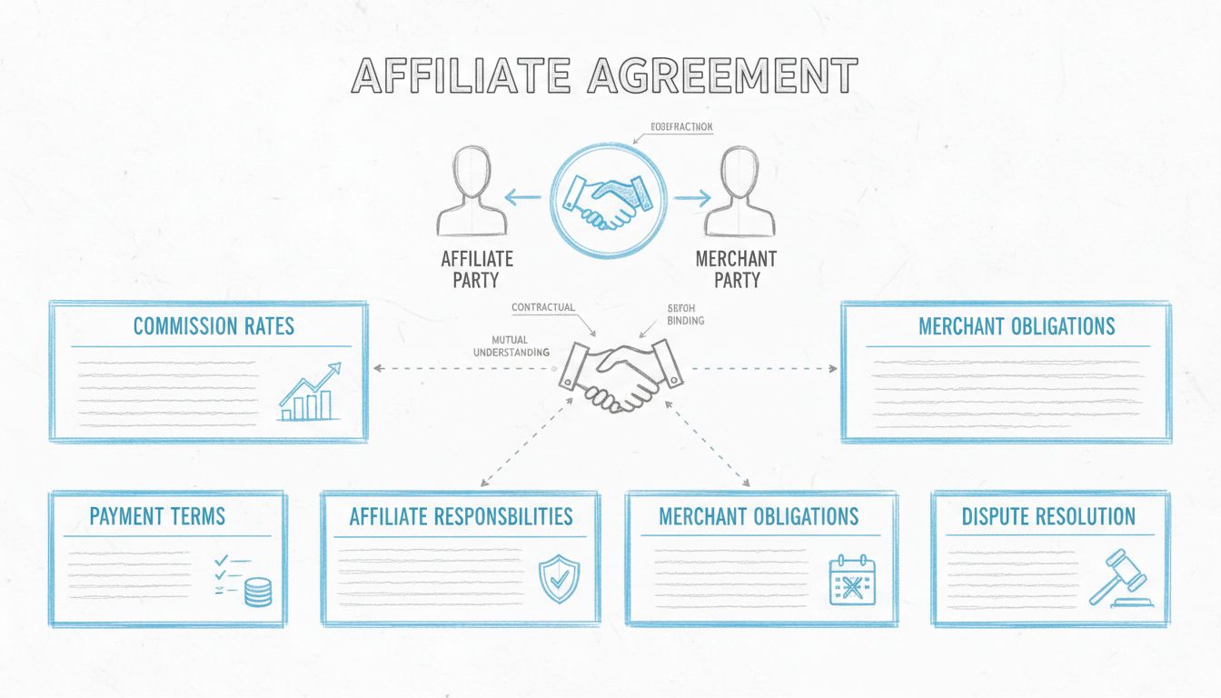 Ručne kreslená schéma kľúčových častí partnerskej zmluvy vrátane sadzieb provízií, platobných podmienok, povinností partnera, povinností obchodníka, trvania a ukončenia, a riešenia sporov