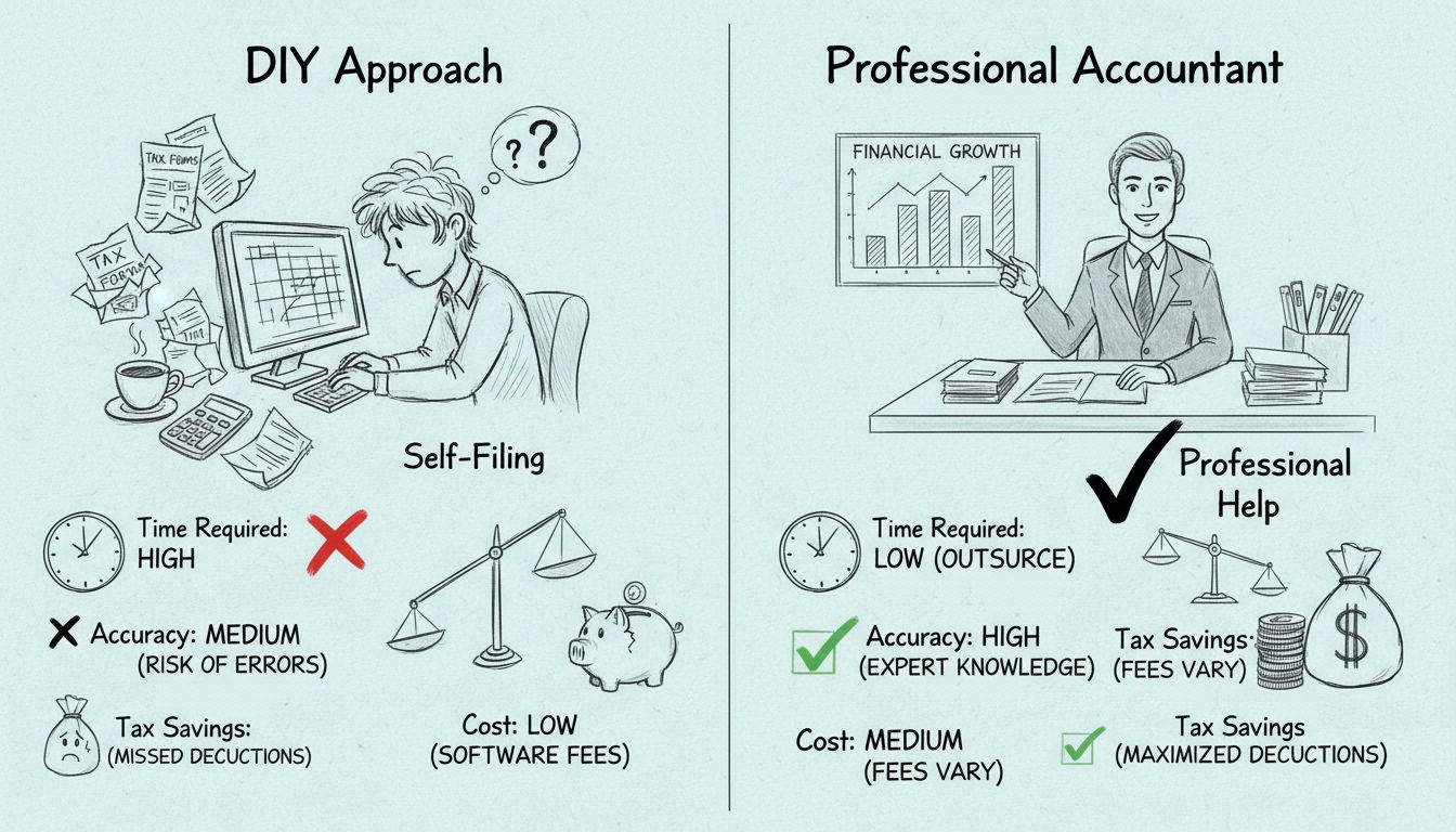 Porovnávacia schéma samostatného podania daní verzus najatie profesionálneho účtovníka pre dane z affiliate marketingu