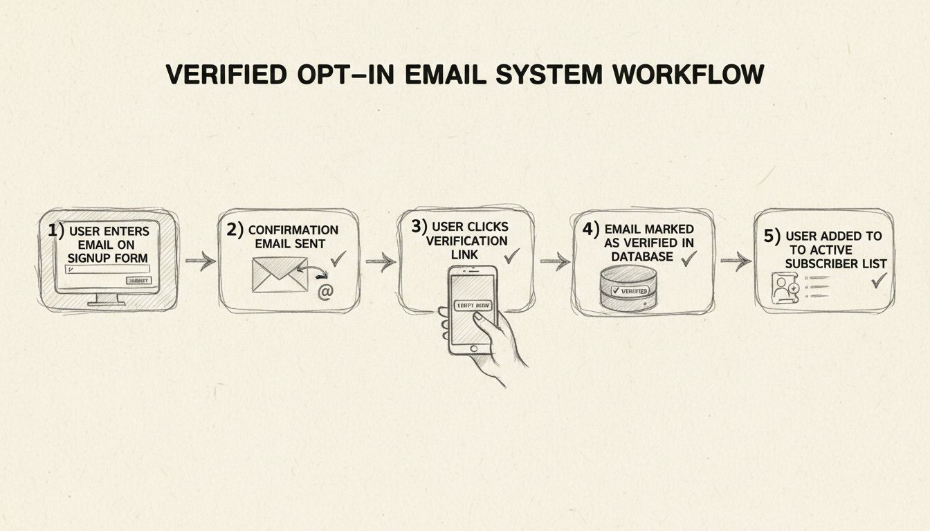 Diagram workflow overeného prihlásenia zobrazujúci registráciu e-mailu, doručenie potvrdzovacieho e-mailu, kliknutie na overovací odkaz, aktualizáciu stavu v databáze a aktiváciu odberateľa