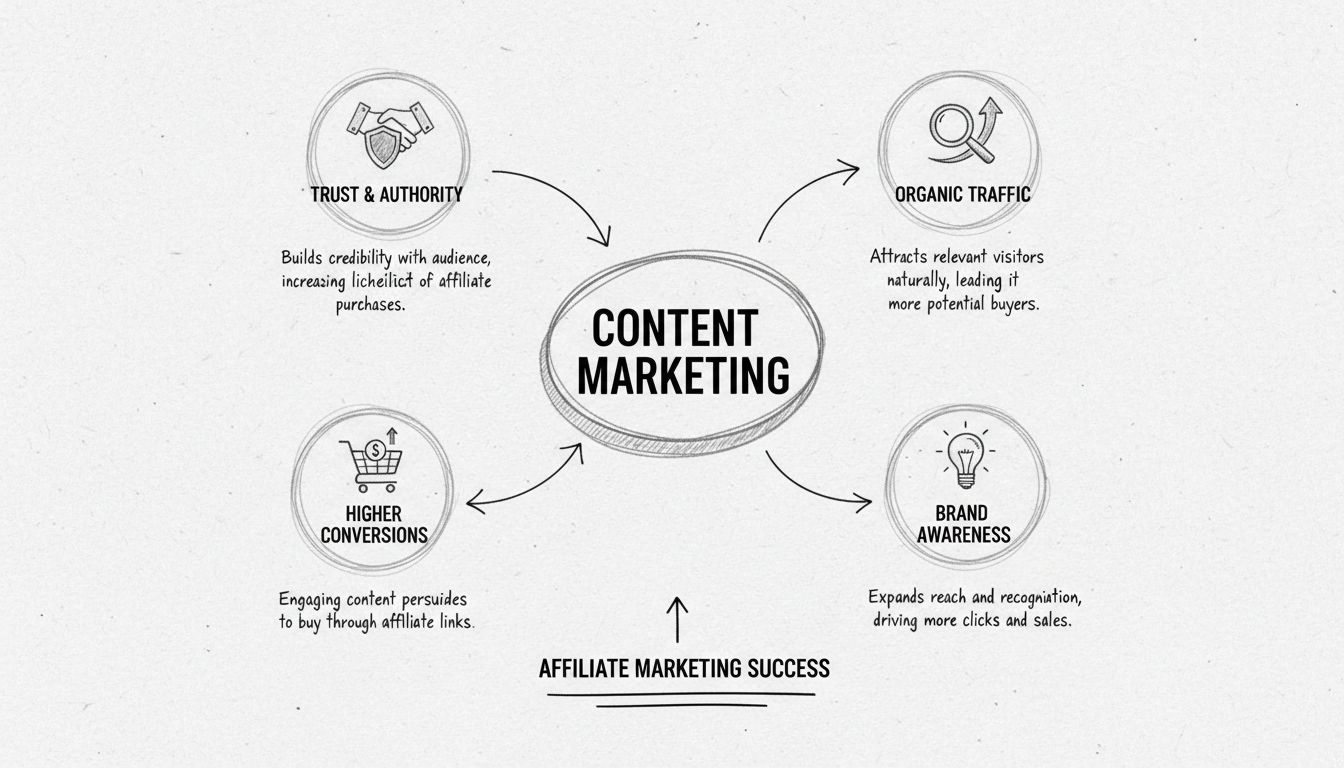 Ručne kreslená schéma zobrazujúca prepojenie content marketingu s dôverou, organickou návštevnosťou, konverziami a povedomím o značke