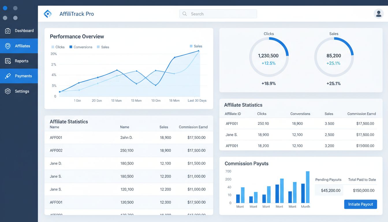 Dashboard sledovacieho softvéru pre affiliate marketing s analytikou v reálnom čase, konverznými metrikami a prehľadom provízií