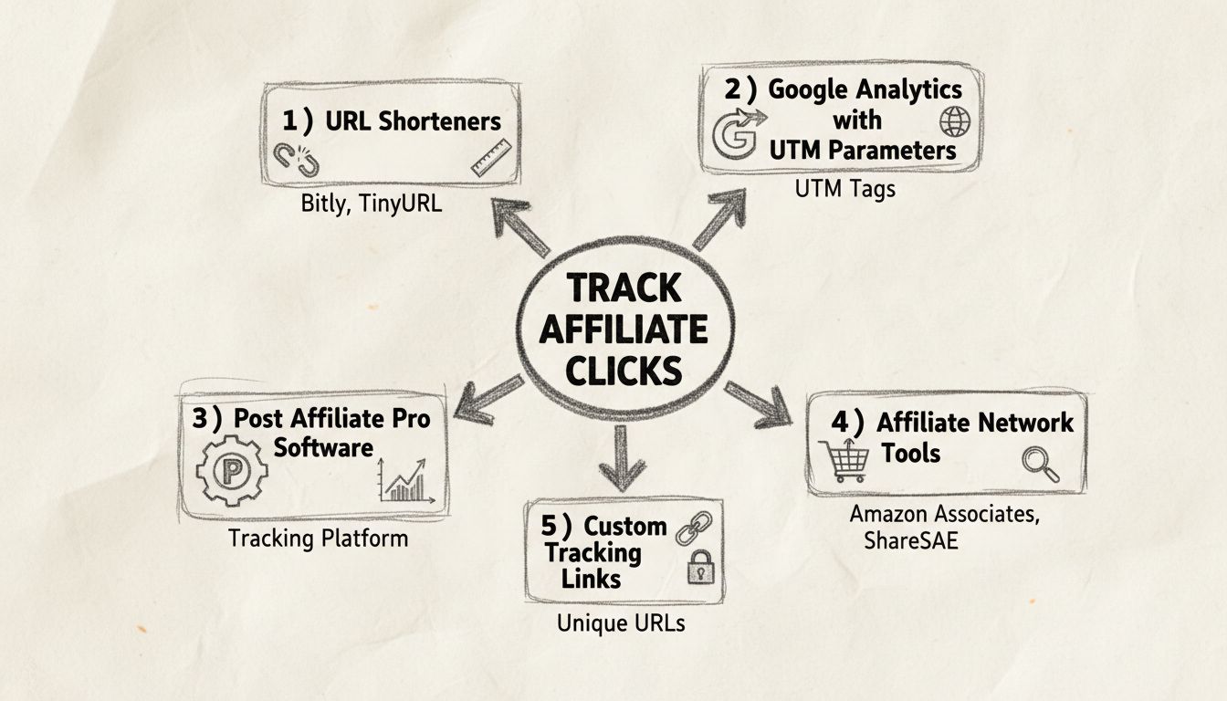 Diagram metód sledovania affiliate kliknutí zobrazujúci skracovače URL, Google Analytics, Post Affiliate Pro, affiliate siete a vlastné sledovacie riešenia