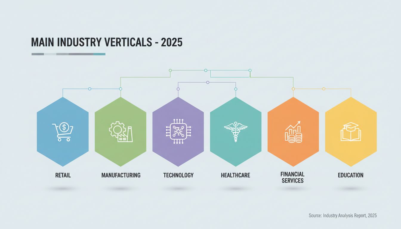 Diagram podnikateľských vertikál zobrazujúci sektory maloobchodu, výroby, technológií, zdravotníctva, finančných služieb a vzdelávania