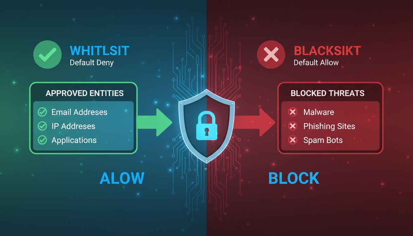 Porovnávací diagram bezpečnosti whitelist vs blacklist zobrazujúci schválené subjekty povolené cez whitelist a zablokované hrozby v blacklist