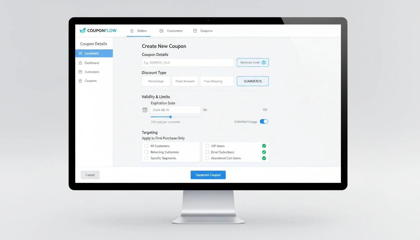 Rozhranie Post Affiliate Pro na tvorbu kupónov s možnosťami prispôsobenia