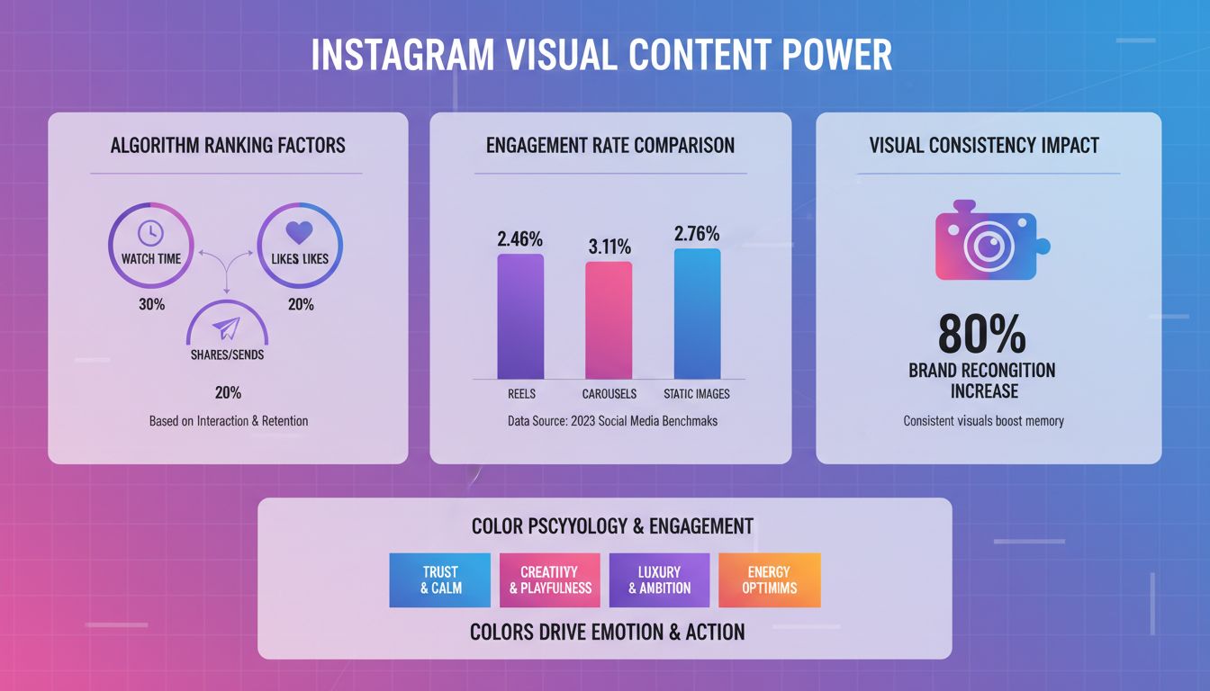 Instagram visual content importance infographic showing engagement metrics, algorithm factors, and color psychology