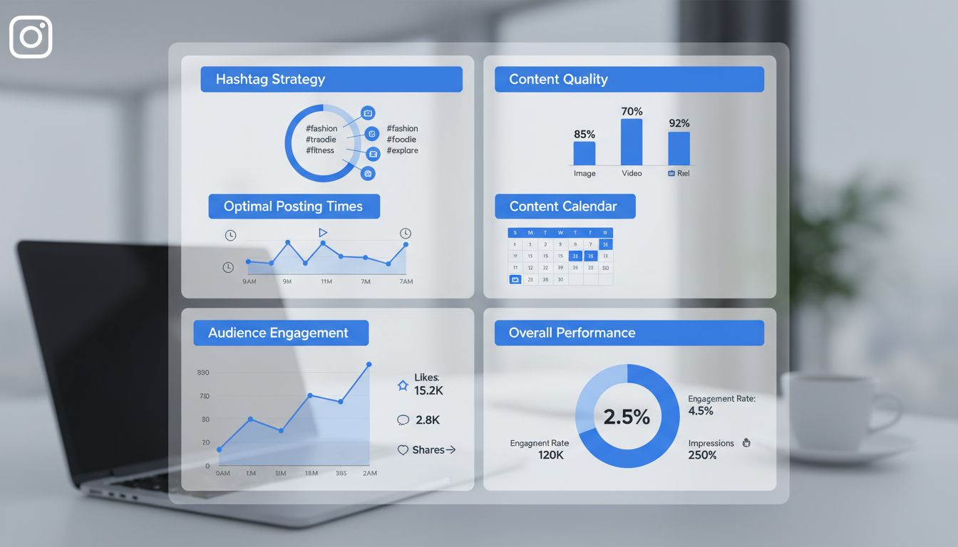 Panel stratégie marketingu na Instagrame s výskumom hashtagov, analytikou, kalendárom obsahu a metrikami zapojenia