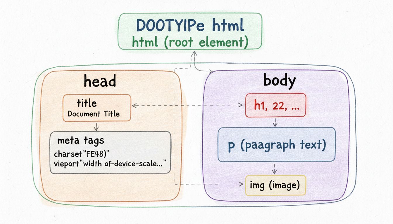 Diagram štruktúry HTML dokumentu zobrazujúci DOCTYPE, koreňový prvok html, sekciu head s metadátami a sekciu body s obsahovými prvkami