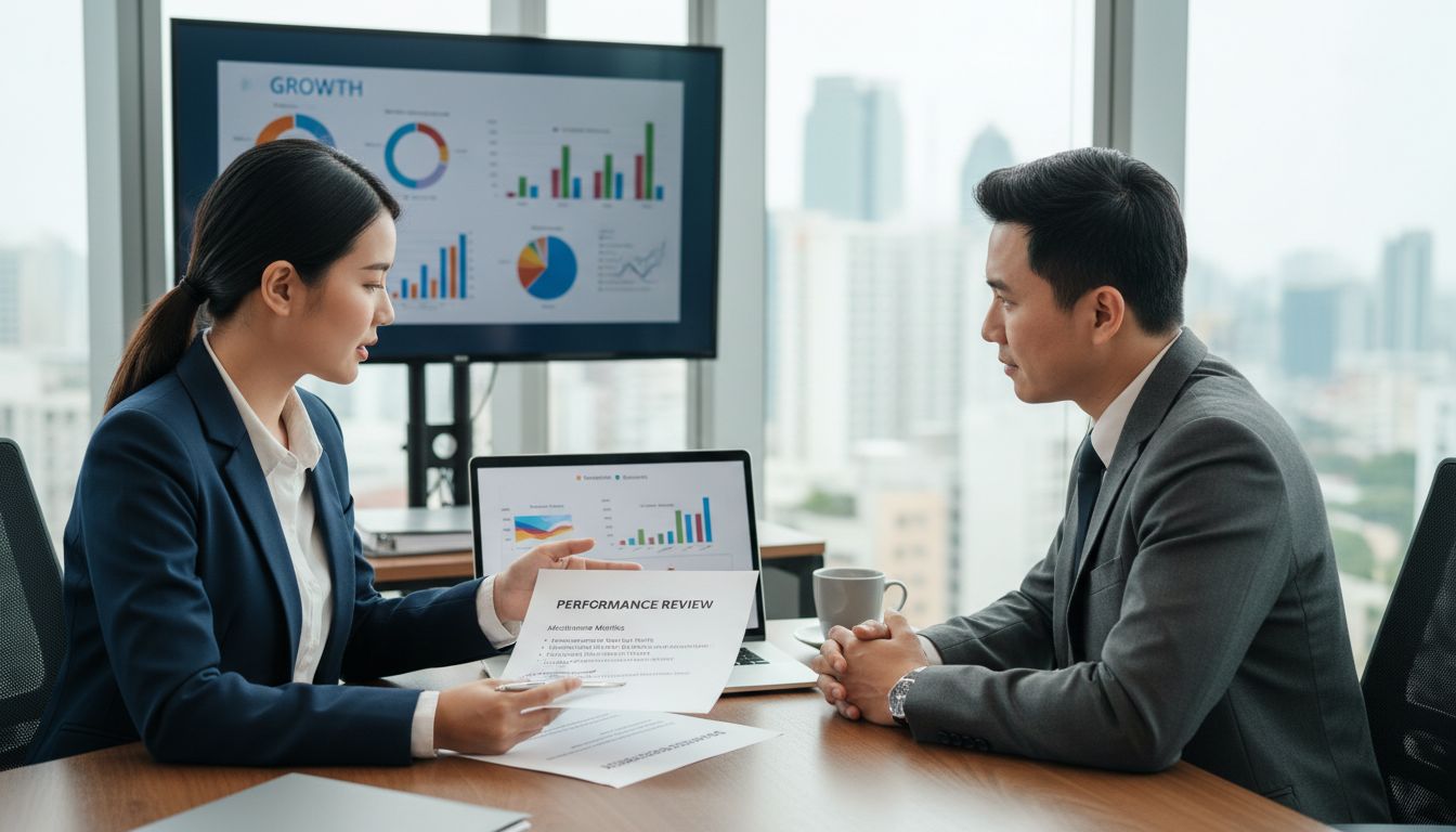 Profesionálne obchodné stretnutie medzi zamestnancom a manažérom diskutujúcimi o zvýšení platu s výkonnostnými metrikami a dokladmi o úspechoch