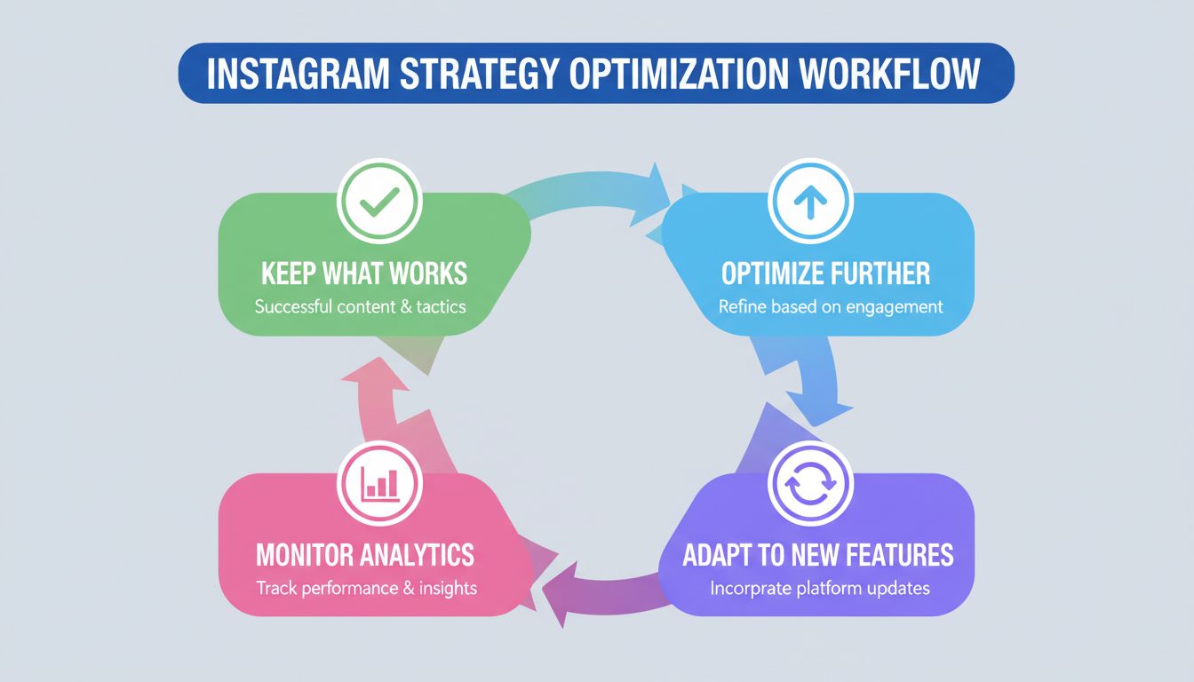 Schéma optimalizácie Instagram stratégie: Zachovať čo funguje, ďalej optimalizovať, prispôsobiť sa novým funkciám a sledovať analytiku