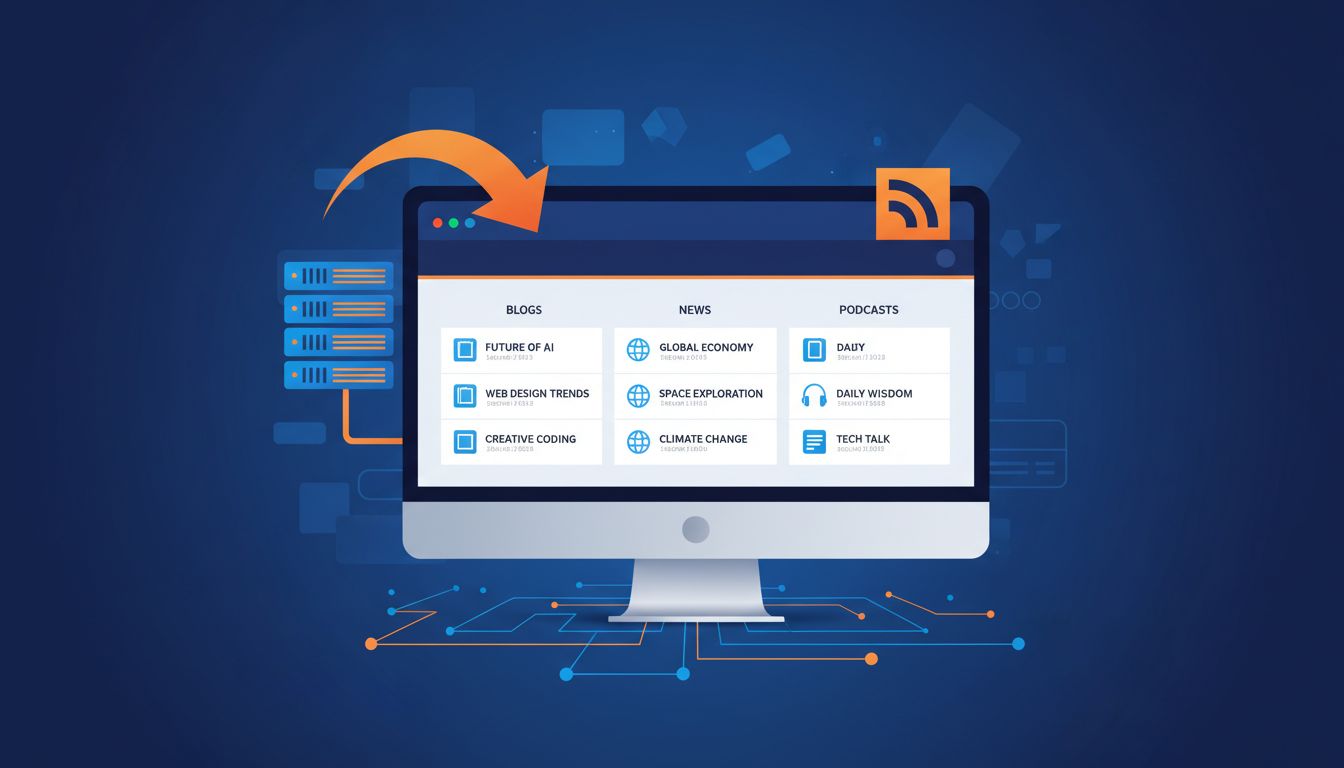 Rozhranie RSS čítačky zobrazujúce viacero kanálov usporiadaných do stĺpcov s blogmi, správami a podcastami