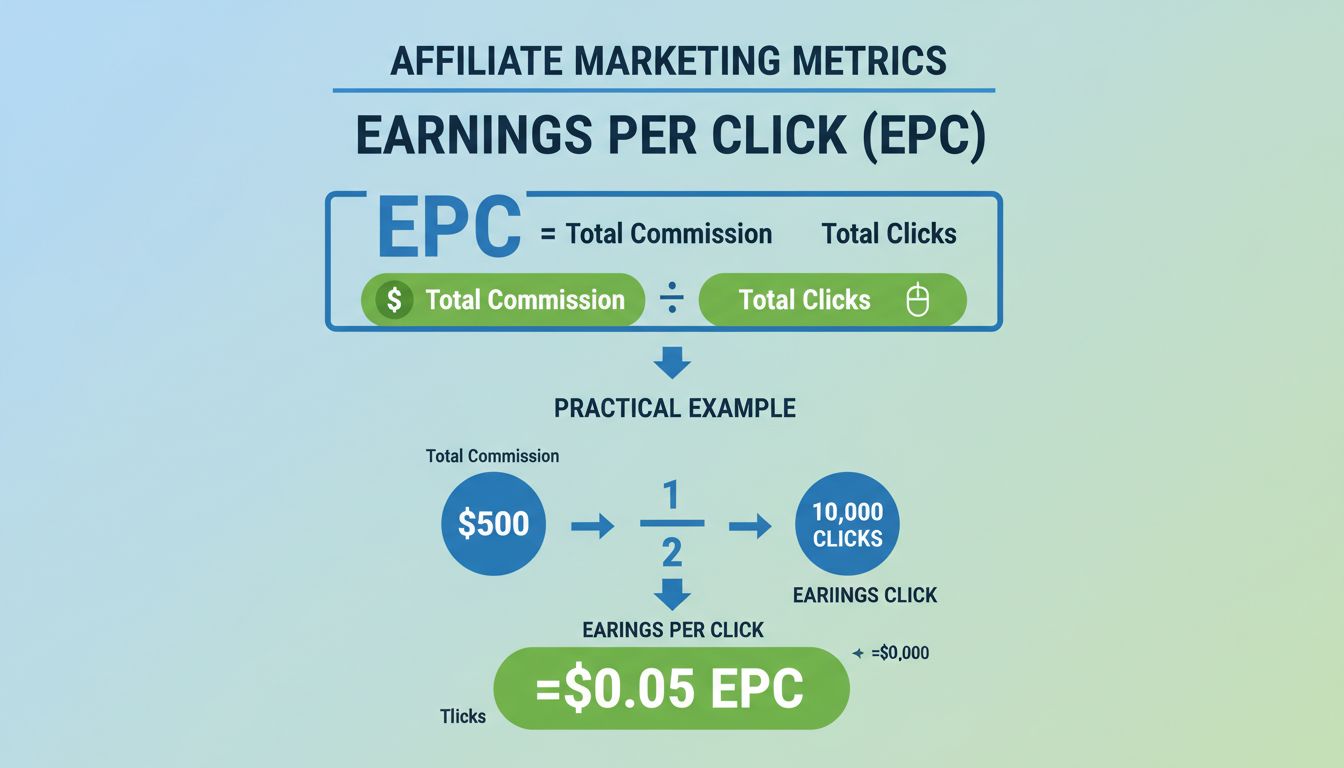 Infografika vzorca výpočtu EPC ukazuje celkovú províziu delenú celkovým počtom kliknutí