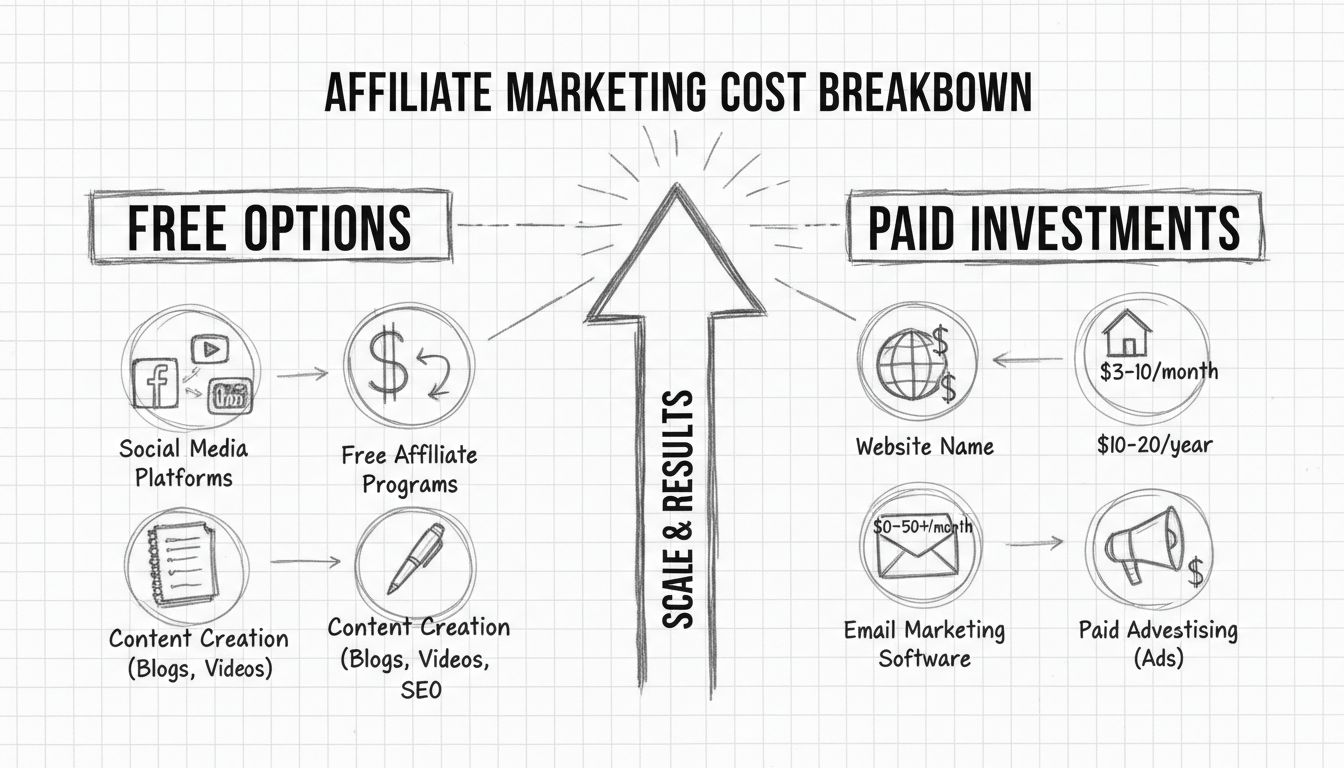 Diagram rozdelenia nákladov affiliate marketingu zobrazujúci bezplatné možnosti ako sociálne siete a platené investície ako hosting a e-mail marketing