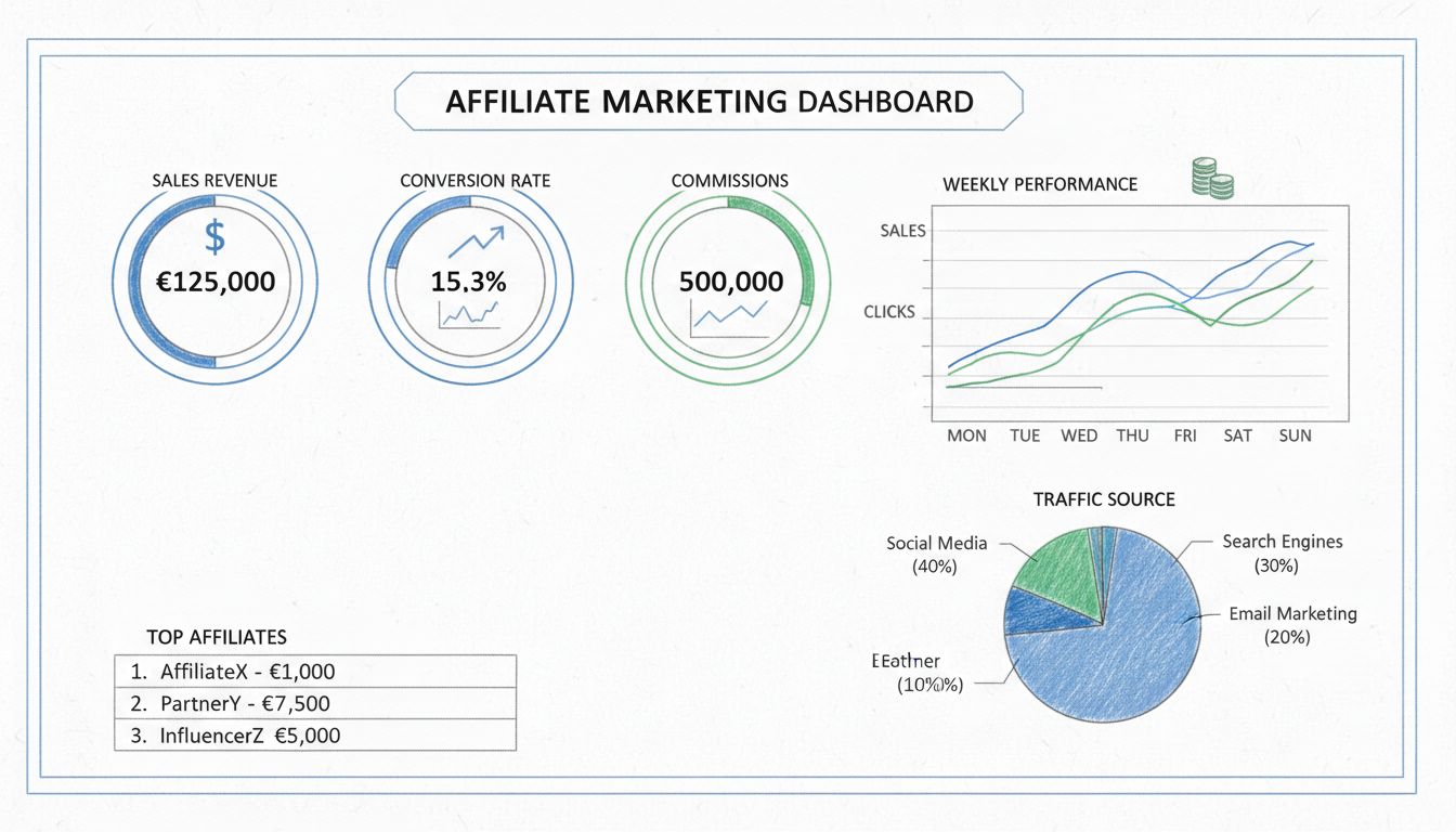 Affiliate marketingové rozhranie zobrazujúce KPI metriky rýchleho prehľadu s tržbami z predaja, konverzným pomerom, kliknutiami, províziami a top partnermi