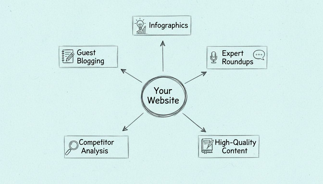 Ručne kreslená schéma znázorňujúca efektívne stratégie budovania spätných odkazov s centrálnym uzlom spájajúcim guest blogging, infografiky, odborné prehľady, analýzu konkurencie a kvalitný obsah