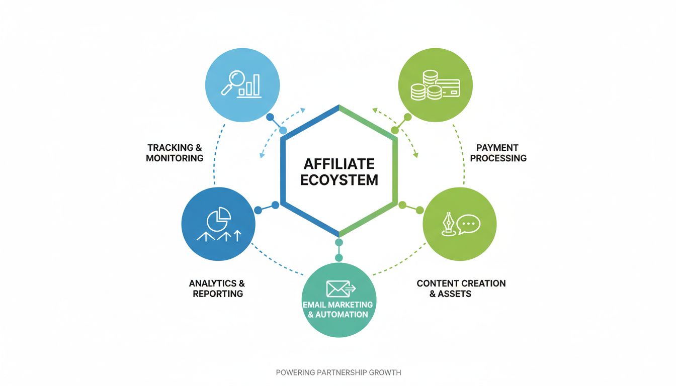 Ekosystém nástrojov na správu affiliate programov zobrazujúci kategórie sledovania, analytiky, spracovania platieb, tvorby obsahu a e-mailového marketingu