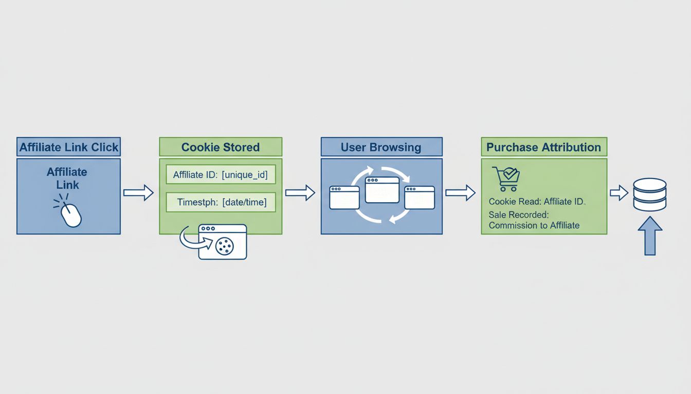Diagram toku sledovania pomocou cookies znázorňujúci kliknutie na affiliate odkaz, uloženie cookie, prehliadanie používateľa a proces pripísania nákupu
