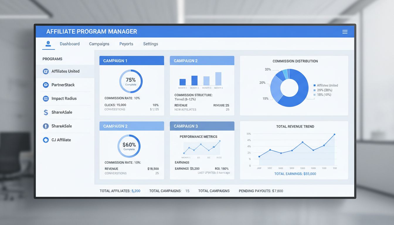 Panel správy viacerých affiliate programov zobrazujúci rôzne kampane so štruktúrami provízií a analytikou