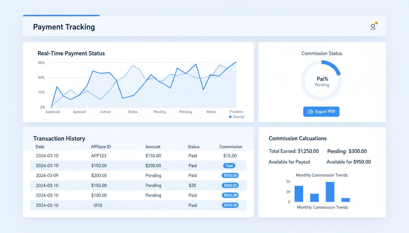 Panel sledovania platieb v affiliate softvéri zobrazujúci stav platieb v reálnom čase, históriu transakcií a možnosť exportu do PDF