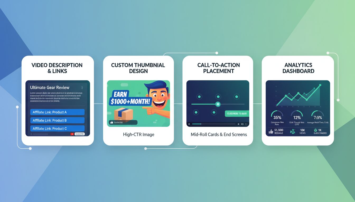 Stratégia optimalizácie partnerského videa zobrazujúca umiestnenie odkazov, dizajn miniatúr, časovanie výzvy k akcii a analytický dashboard