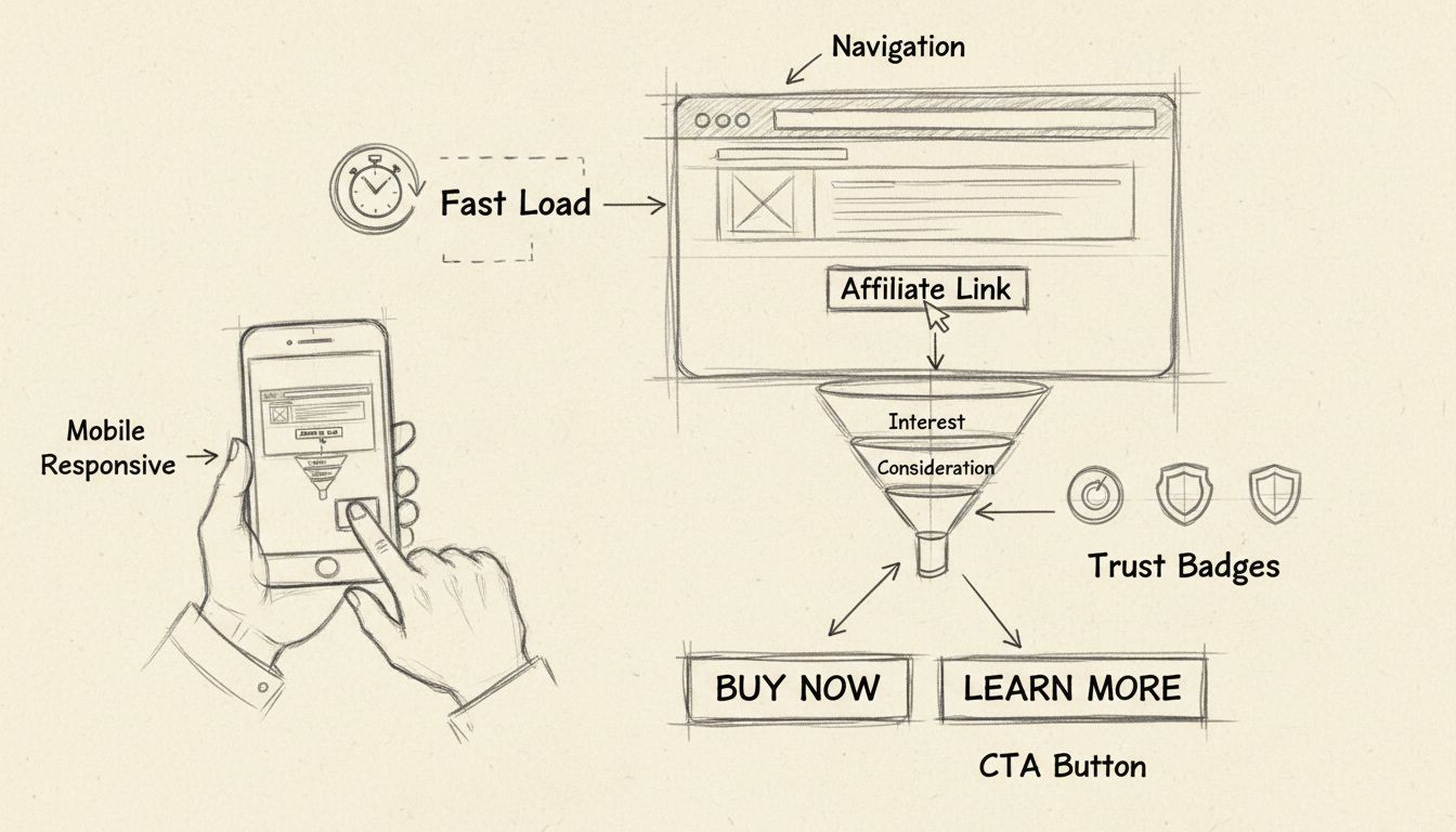 Prvky UX dizajnu pre affiliate marketing vrátane navigácie, mobilnej optimalizácie, rýchleho načítania, bezpečnostných odznakov a optimalizácie konverzií