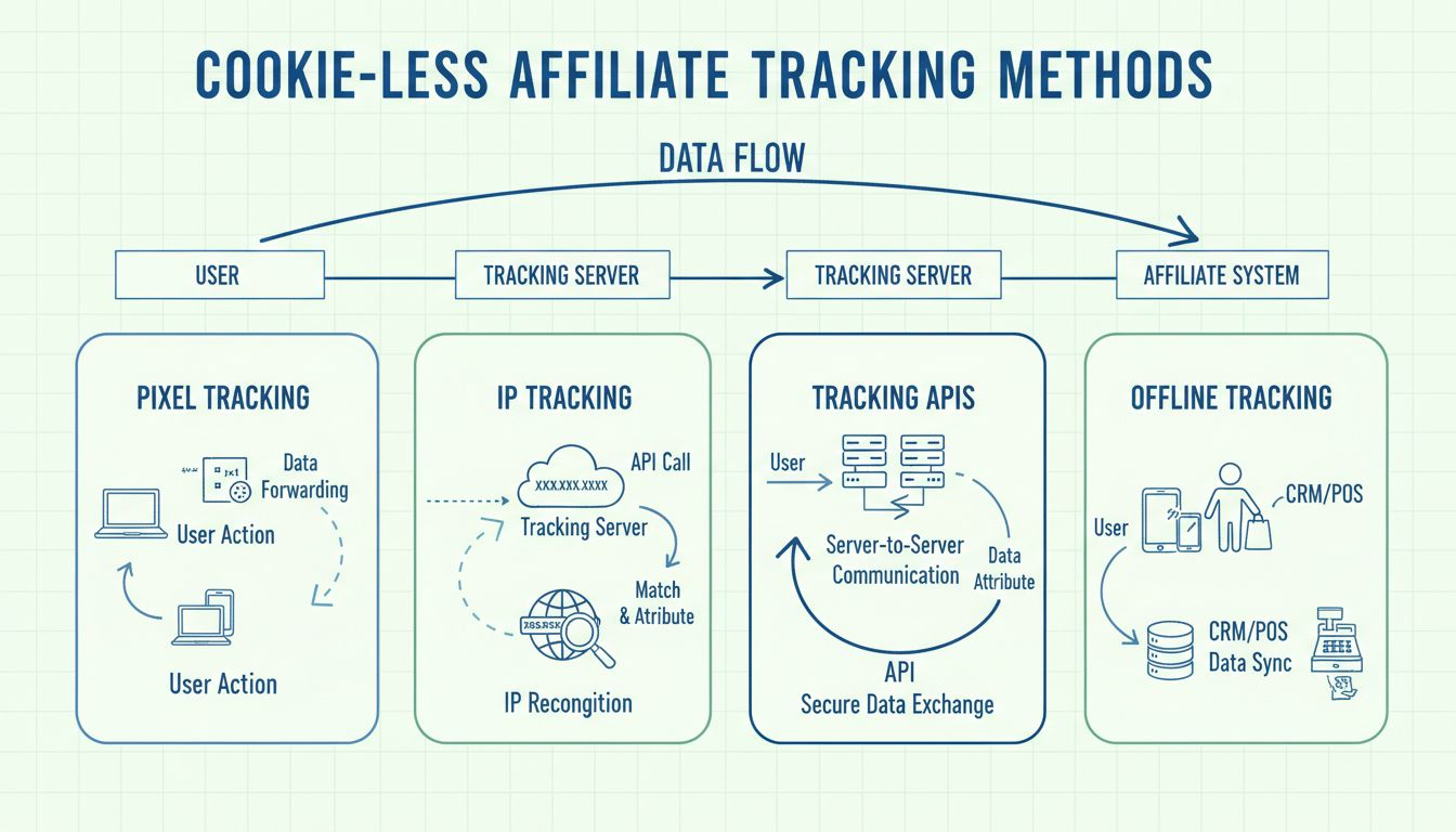 Infografika metód sledovania bez cookies: pixel tracking, sledovanie IP, API a offline tracking