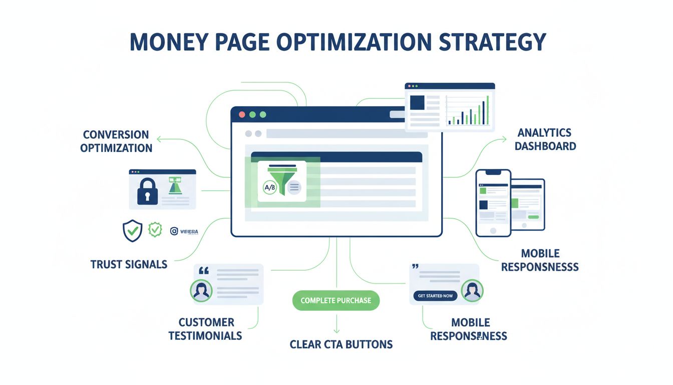 Infografika stratégie optimalizácie money page predstavujúca optimalizáciu konverzie, dôveryhodnostné signály, CTA tlačidlá, referencie, mobilnú responzivitu a analytiku