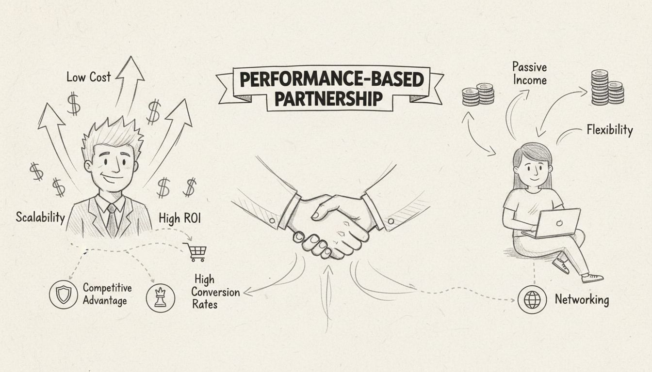 Ručne kreslená schéma zobrazujúca výhody partnerského programu vrátane nízkych nákladov, vysokého ROI, škálovateľnosti, pasívneho príjmu, flexibility, networkingových príležitostí a výkonnostného partnerstva