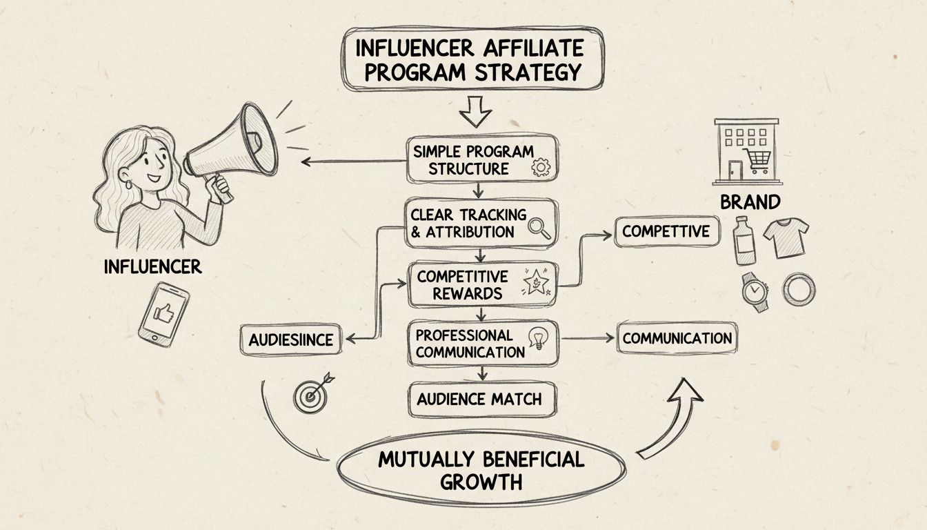 Diagram stratégie partnerského programu pre influencerov zobrazujúci štruktúru programu, sledovanie, odmeny, komunikáciu a súlad s publikom