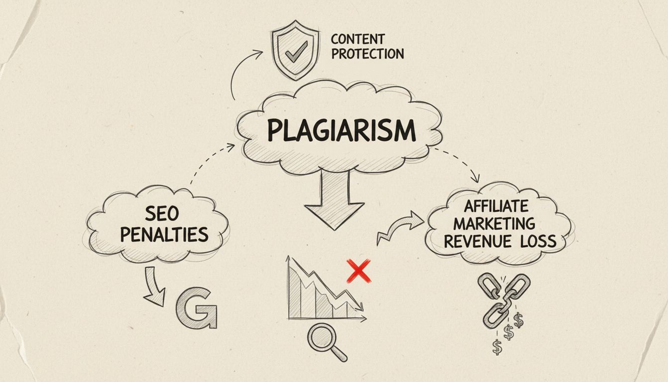 Diagram zobrazujúci vzťah medzi plagiátorstvom, SEO penalizáciami a stratou partnerských príjmov